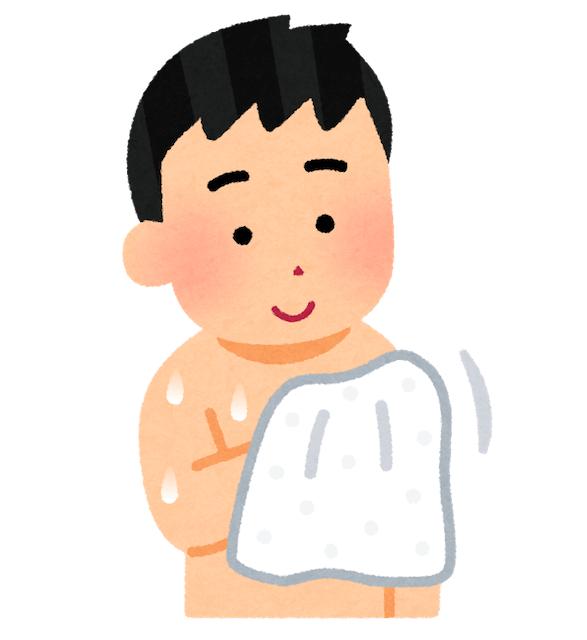 男性がお風呂上がりに体を拭くイラスト