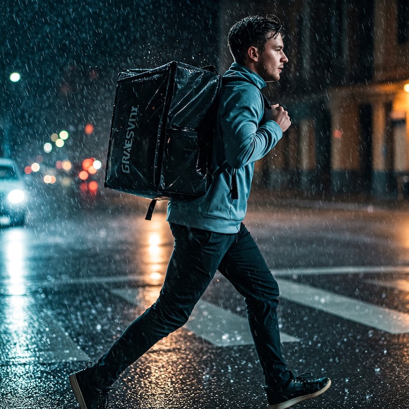 生成した配達バックで雨に濡れる男